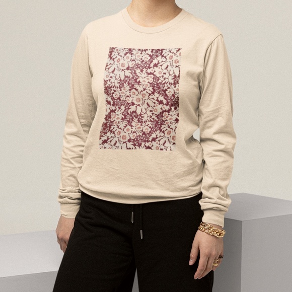 Maroon Floral VTG Textile Pattern Print Long Sleeve Graphic Tee T-shirt S M L XL - Picture 4 of 6
